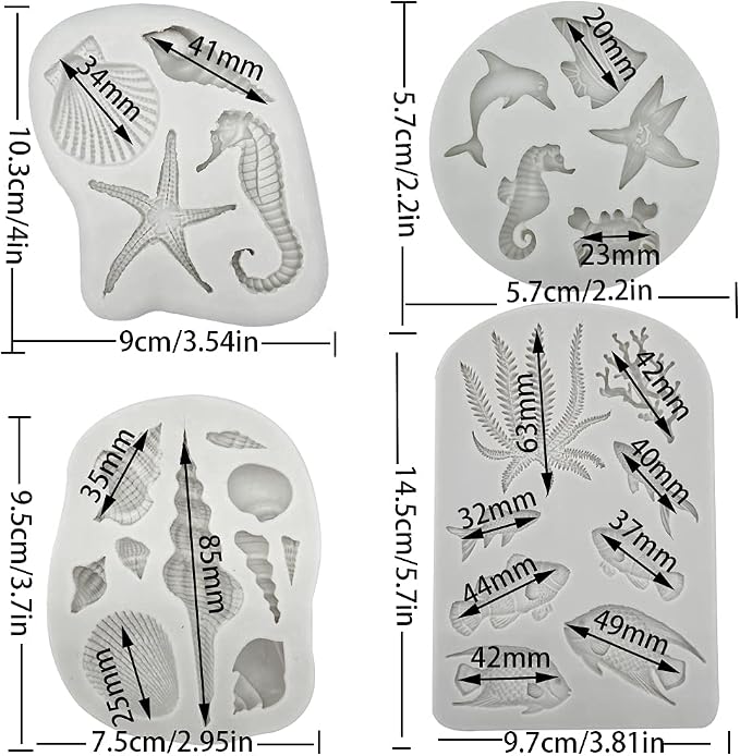 4PCS Marine Theme Fondant Silicone Mold Seaweed Sea Fish Crab Coral Conch Sea Shells Shape DIY Handmade Baking Tools