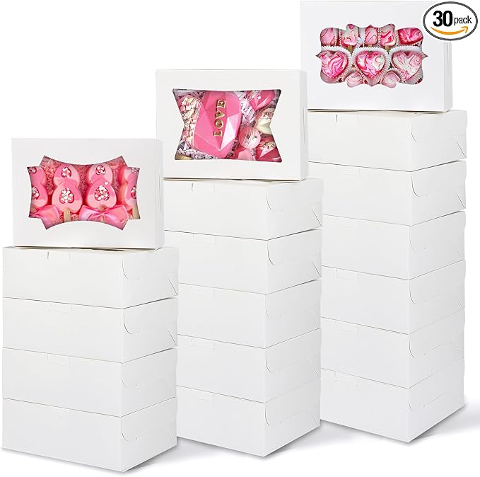 TOMNK 30pcs Cookie Boxes, 8x6x2.5 Inches 3 Style Windows Treat Boxes with Window for Treats, Chocolate Covered Strawberries, Muffins, Donuts