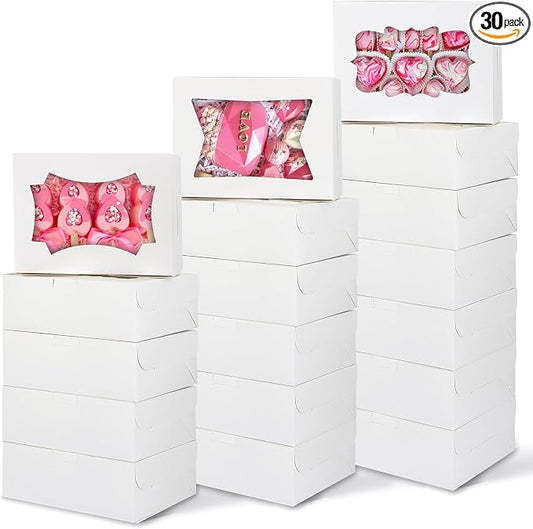 TOMNK 30pcs Cookie Boxes, 8x6x2.5 Inches 3 Style Windows Treat Boxes with Window for Treats, Chocolate Covered Strawberries, Muffins, Donuts