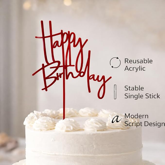 Acrylic Birthday Cake Topper - 5.3'' x 7.2'' Red Happy Birthday Sign for Party Supplies, Cake Decorations and Anniversary