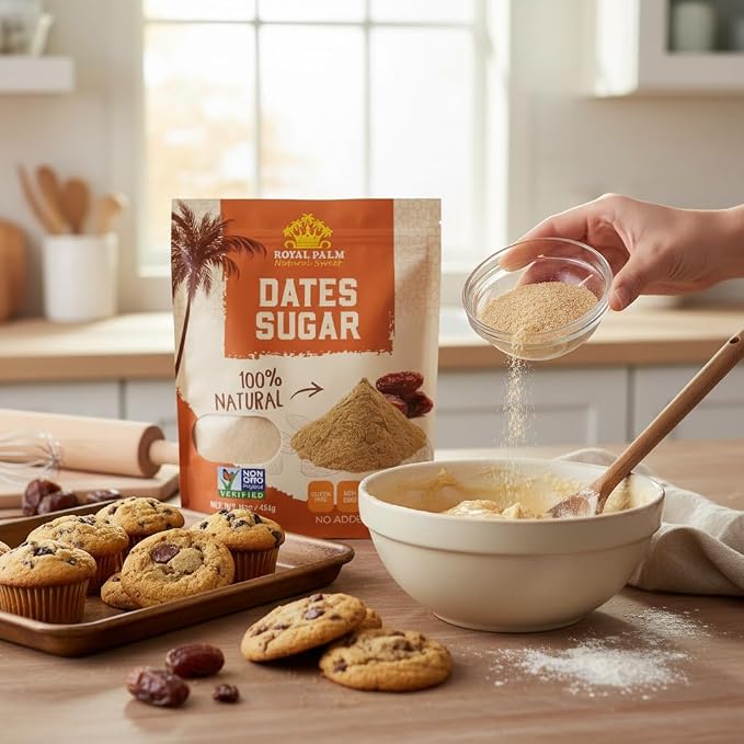 Royal Palm Pure 100% Date Sugar – Natural Sweetener & Palm Sugar Alternative - Vegan, Gluten-Free, Non-GMO & Kosher - Ideal for Baking, Coffee & Cooking - 16 oz