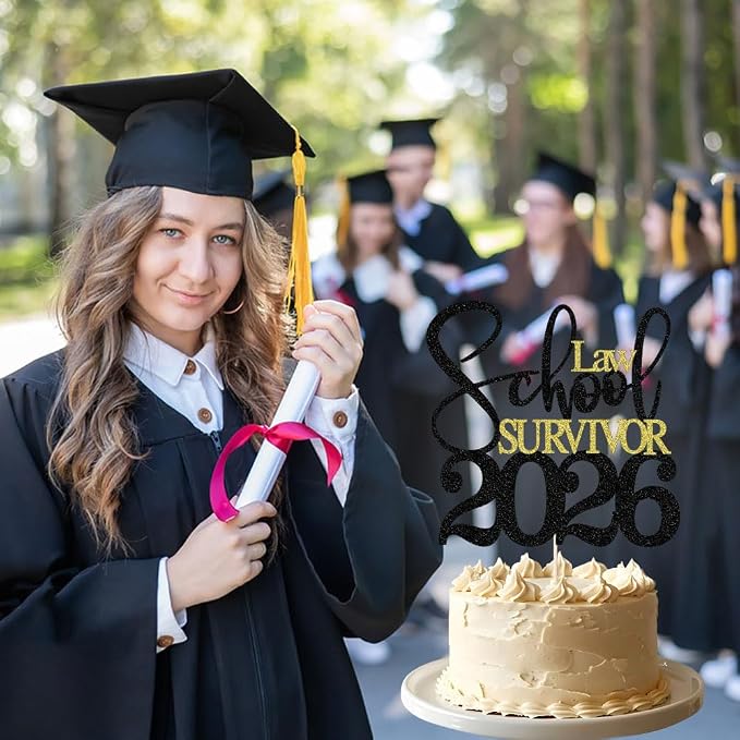 Black Gold Glitter Law School Survivor 2026 Cake Topper, Congrats Lawyer Cake Decoration, 2026 Law School Graduation Party Supplies