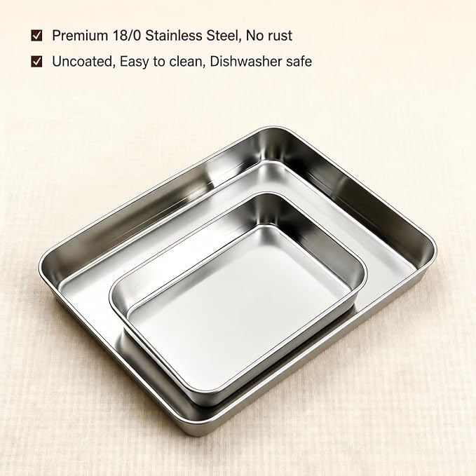 2-Pack Stainless Steel 2" Deep Baking & Roasting Pan Set (12/16 Inch) - Uncoated Non-Toxic Heavy Duty Sheet Pan for Lasagna, Brownies, Bread, Deep Dish Pizza - No Warping, Dishwasher Safe
