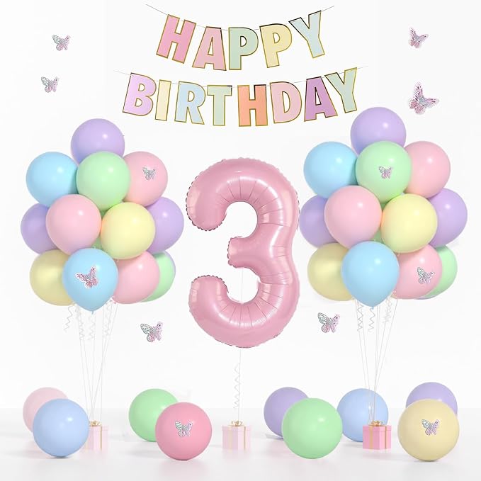 Pastel 3rd Birthday Decorations for Girls -12 inch Pastel Balloons, 40 Inch Pink 3 Balloons, 3D Butterflies Stickers, Happy Birthday Banner For Baby Girl 3 Year Old Birthday Decorations Girl