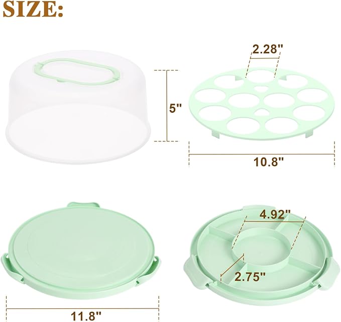 Cake Carrier with Lid and Handle - Cake Containers, BPA-Free，Perfect Gifts | Cake Holder for 10 in Cake with 2 Handles Cupcake Carrier - Plastic Cover Two Sided Base for Transport Pie Nuts Fruit