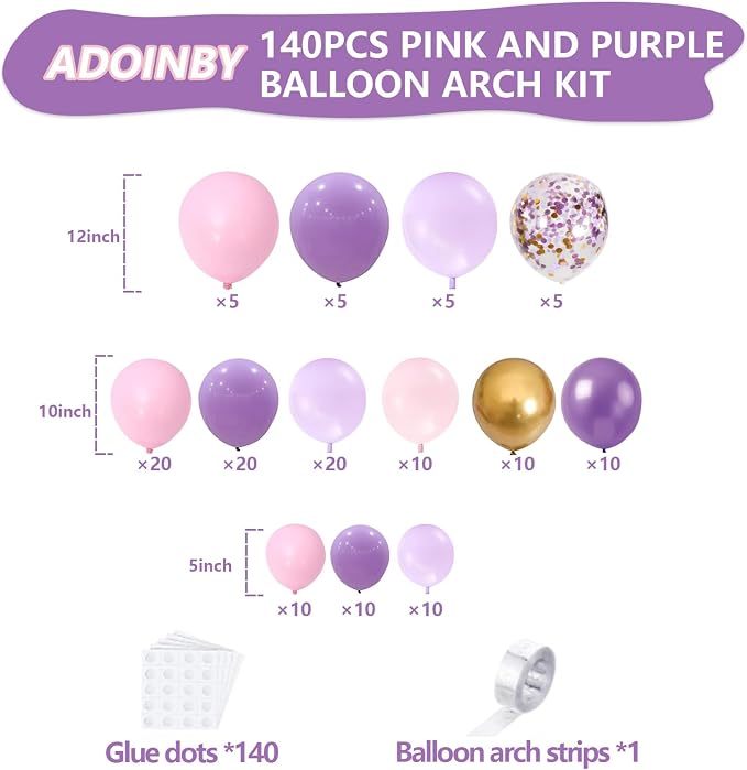 Pink and Purple Balloon Arch Kit, 140Pcs Lavender Metallic Purple Macaron Light Pink with Gold Balloon Garland Kit for Wedding, Engagements, Birthday, Baby Shower, Anniversary Party Decoration