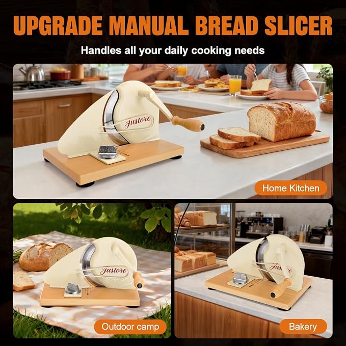 Upgrade Manual Bread Slicer for Homemade Bread, Sourdough Slicer with Hand Crank, Metal Guide Rail, Non-Slip Suction Base & Sharp Blade for Consistent Even Slices