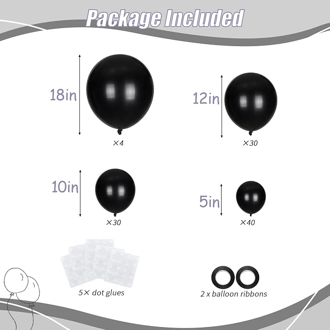 104pcs Black Balloons - 18/12/10/5 Inch Different size Black Latex Balloons Garland Arch for Birthday Wedding New Year's Eve Halloween Party Decoration