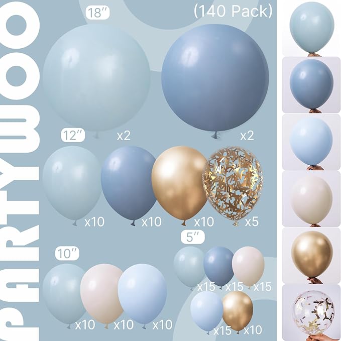 PartyWoo Dusty Blue Balloon Arch Kit Garland 140pcs Different Sizes of 18 12 10 5 Inch Light Baby Blue White Sand Gold Confetti Boho Balloons for Baby Shower Gender Reveal Birthday Party Decorations