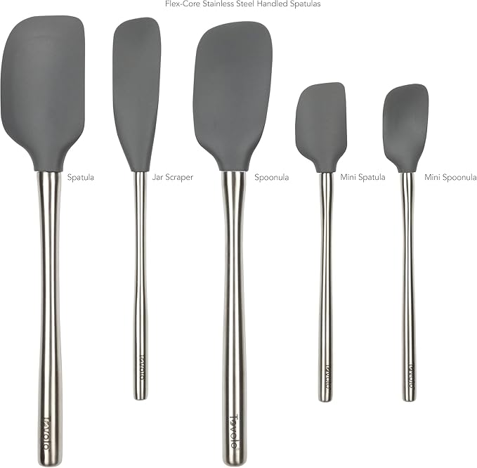 Tovolo Stainless Steel Handled Silicone Spatula Set of 5 Charcoal Gray, Dishwasher Safe Kitchen Spatula Set for Cooking Baking, Non Toxic BPA Free Silicone Spatula set with Metal Steel Handle