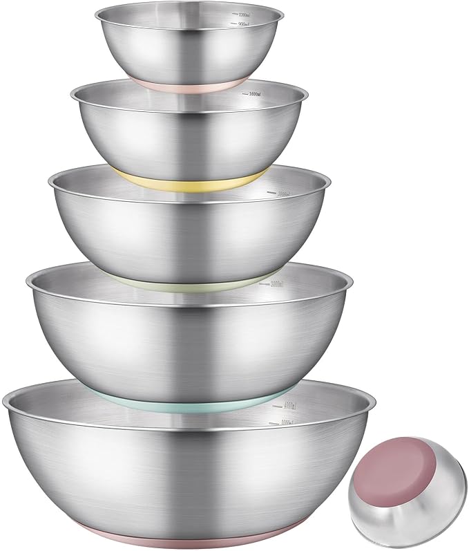 GIUOIDUO Stainless Steel Mixing Bowls Set,5 PCS Metal Mixing Bowls for Baking, Cooking, and Salad Making,Kitchen Meal Preparation,Non-Slip Silicone Bottom