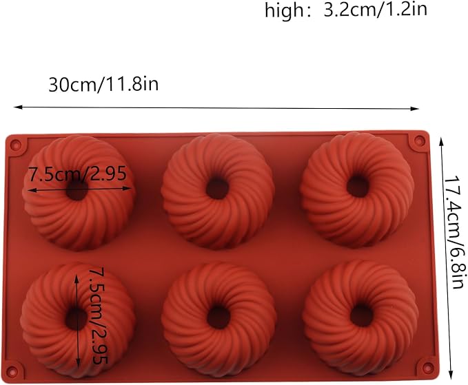 6 Cavity Swirl Donut Silicone Molds Ribbed Bundt Cake Mold For Baking Doughnut Muffin Cupcake Chocolate