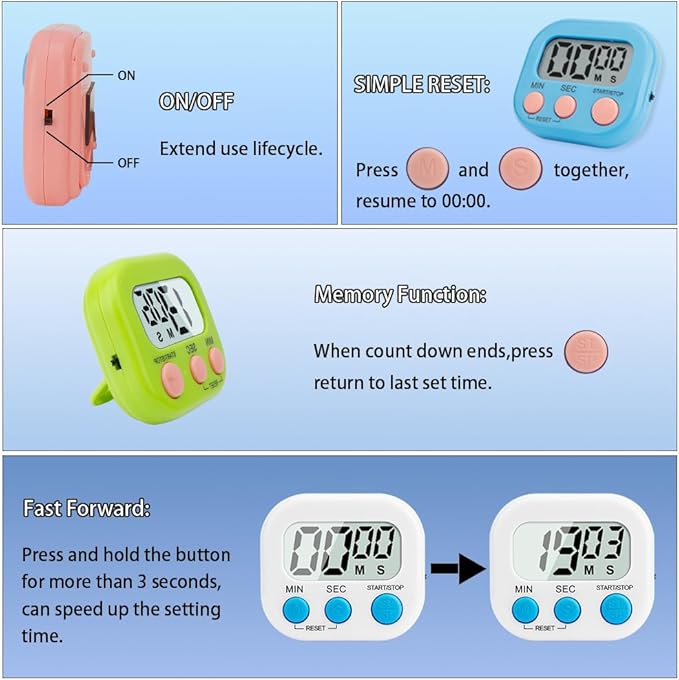 Digital Kitchen Timer, 6 Pcs Classroom Timers for Kids Teacher, Magnetic Countdown Minute Simple Timer for Cooking Study Exercise Game Baking Reading Gym Meeting Work Task (White/Blue/Pink/Green)