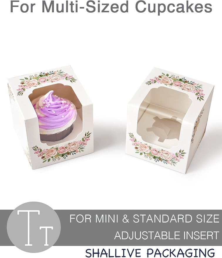 Mother's Day Flowers Cupcake Boxes Individual 100 PCS with Insert and Window, 3.5" Floral Pink White Wedding Single Cupcake Containers for Mothers day Treat Gift Packaging
