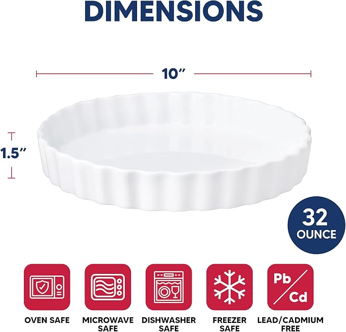 HIC Kitchen Round Quiche Dish, Fine White Porcelain, 10 Inch Diameter x 1.5-Inch Deep