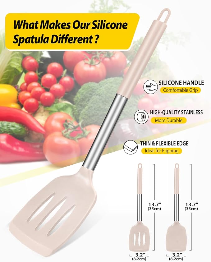 Pack of 2 Silicone Solid Turner, Non Stick Slotted Kitchen Spatulas, High Heat Resistant BPA Free Cooking Utensils, Ideal Cookware for Fish, Eggs, Pancakes(Stainless Steel Khaki)