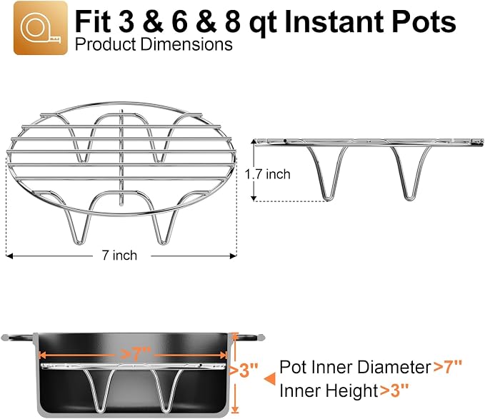 GSlife Trivet for Instant Pot Steamer Rack - Stainless Steel Accessories, 7 Inch Steam Rack Fits 3, 6 Qt Pressure Cooker, Cooking Cooling Steaming Baking Stand, 1 Pack