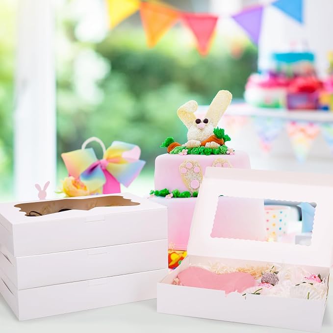 TOMNK 7pcs Cookie Boxes, 12x8x2.5 Inches White Bakery Boxes with 3 Style Window for Chocolate Strawberries, Breakable Heart, Pastries, Desserts, Cake Pops & Treats, Great Gift for Mom