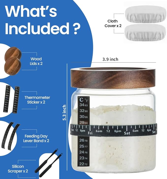 Sourdough Starter Jar Kit - Pack of 2, 35oz Wide Mouth Glass Jars for Sourdough Starter with Date Marked Feeding Scale, Thermometer, Cloth Cover, Scraper & Wooden Lid, Sourdough Jars