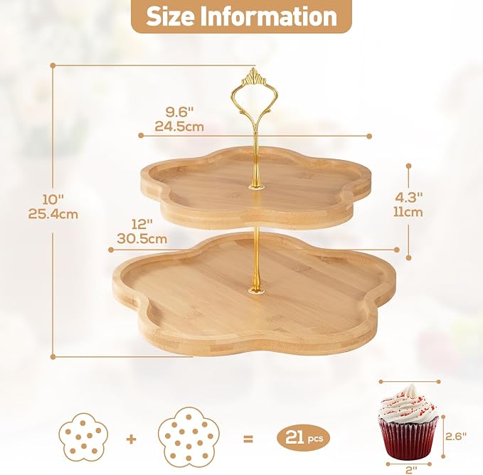 DUJUST Elegant 2-Tier Wooden Cupcake Stand with Flower-Shaped Design, Rustic Bamboo Tiered Serving Tray for Cupcake, Desserts, Tea Party, Wedding, Farmhouse & Kitchen Decor, Easy to Install & Clean