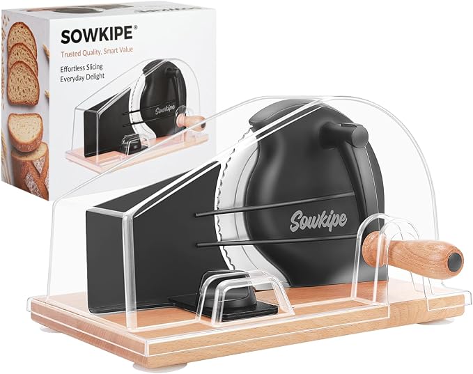 SOWKIPE Upgraded Manual Bread Slicer for Homemade Sourdough Bread, Adjustable Thickness Hand Crank Bread Cutter with Metal Guide, Scale Line, Even Slices, Suction Cups, Cover (Black)