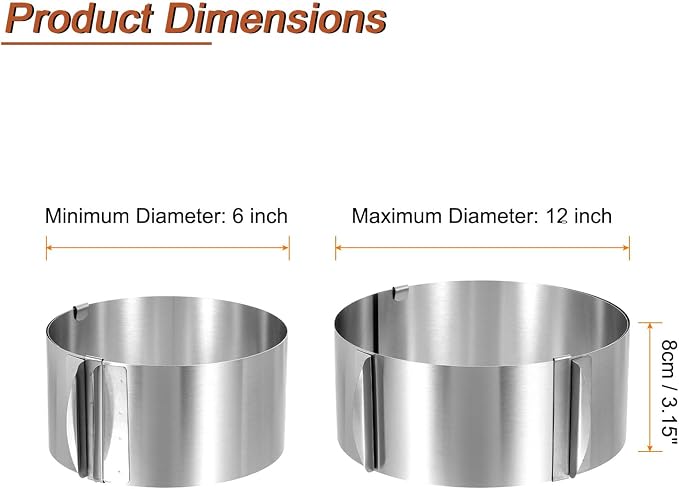 HARFINGTON 6" to 12" Cake Ring 8cm High Adjustable Round Cake Ring Stainless Steel Mousse Baking Moulds Bakeware Supplies for Baking Cooking Making Tool