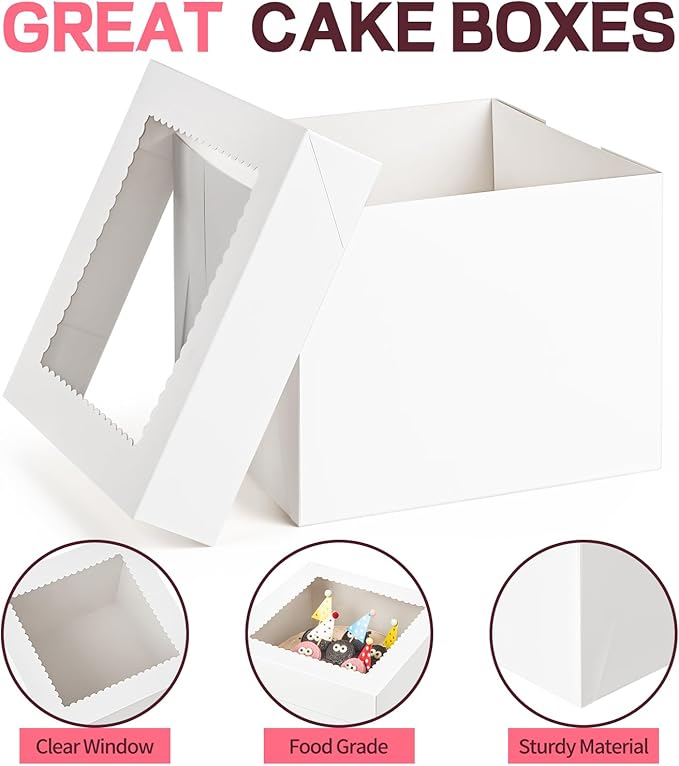 ZORRITA 2 Pack Cake Boxes, 10 x 10 x 8 Inches Tall Cake Boxes with Cake Boards, Disposable Cake Containers with Lids and Window for Wedding, Birthday, Party
