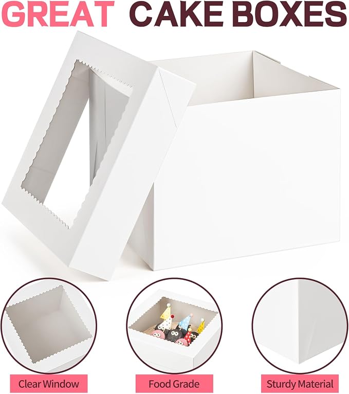 ZORRITA 6 Pack Cake Boxes, 10 x 10 x 8 Inches Tall Bakery Box with Window and Cake Boards, Disposable Cake Containers for Wedding, Birthday, Party