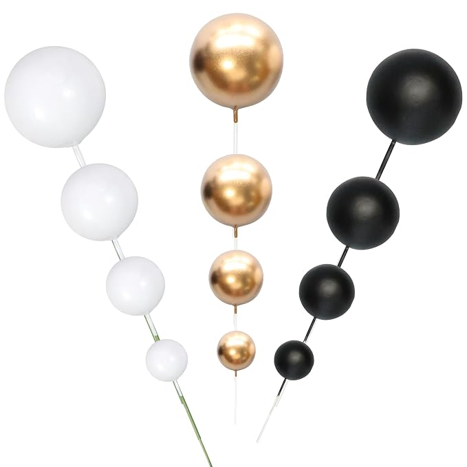 Gyufise 30Pcs Black White Gold Ball Cake Toppers Mini Balloon Cupcake Toppers DIY Foam Ball Cake Insert Decoration for Wedding Anniversary Birthday Party Supplies