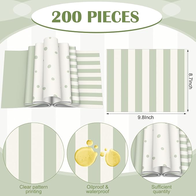 Feifeiya Floral Wax Paper Sheet for Food Chinoiserie Bird Deli Paper Waterproof Sandwich Wrapping Greaseproof Food Basket Liners for Picnic Party Kitchen Supply (200, Sage Green, Striped)
