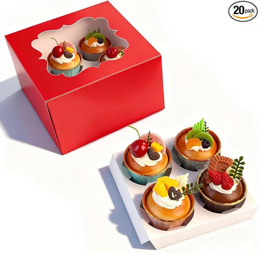 Cupcake Boxes with Window, 20 Pack 6.5x6.5x3 Inch Bakery Boxes for 4 Cupcakes, Muffins, Cookies & Pastries, Disposable Dessert Boxes with Insert Holder (Red)
