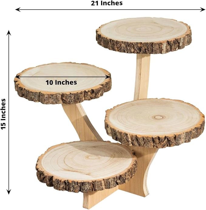 15 in Brown 4 Tier Round Natural Wood Cupcake Dessert Stand | Wooden Cup Cake Stand for Birthday Wedding Party Events Reception Catering Decorations Supplies