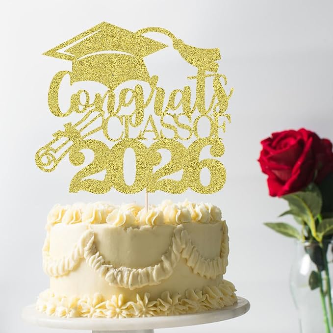 Congrats Class Of 2026 Cake Topper, Glitter Graduation Party Supplies - High School College Graduates -College Graduate Cake Topper Decorations Supplies (gold)