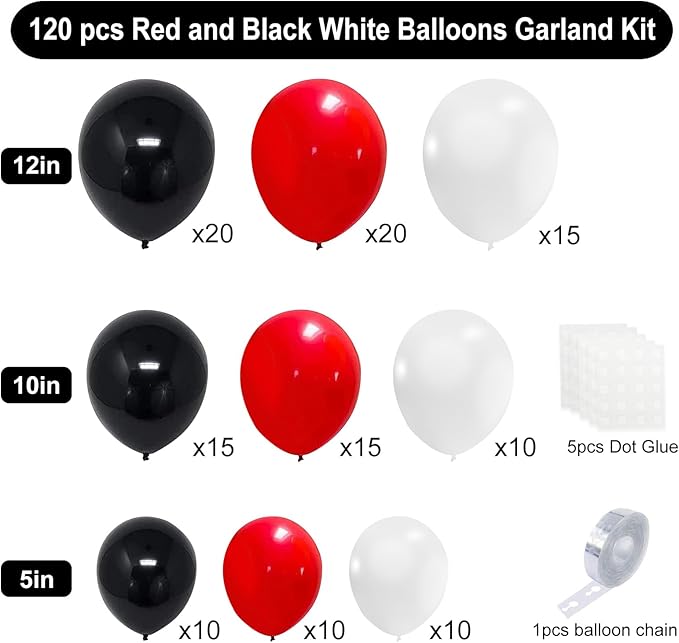 Red and Black Balloons, 120pcs Red White and Black Balloons Garland Arch Kit for Birthday,New Year,Graduation Decorations