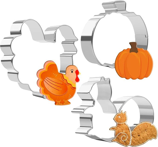 Thanksgiving Cookie Cutters, Fall Cookie Cutters, Leaf Cookie Cutters, Pumpkin Cookie Cutter, 3PCS Large 3.2" to 3.6" Autumn Cookie Cutters Fall Theme Holiday Shapes of Turkey, Squirrel, Pumpkin