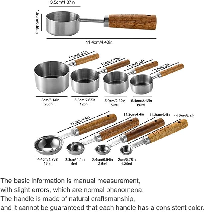 8 pieces Rose Gold Copper Measuring Cups Set and Measuring Spoons Set with Scale, BRIIEC Wooden Handle Stainless Steel Dry & Liquid Measuring Cup for Cooking Baking