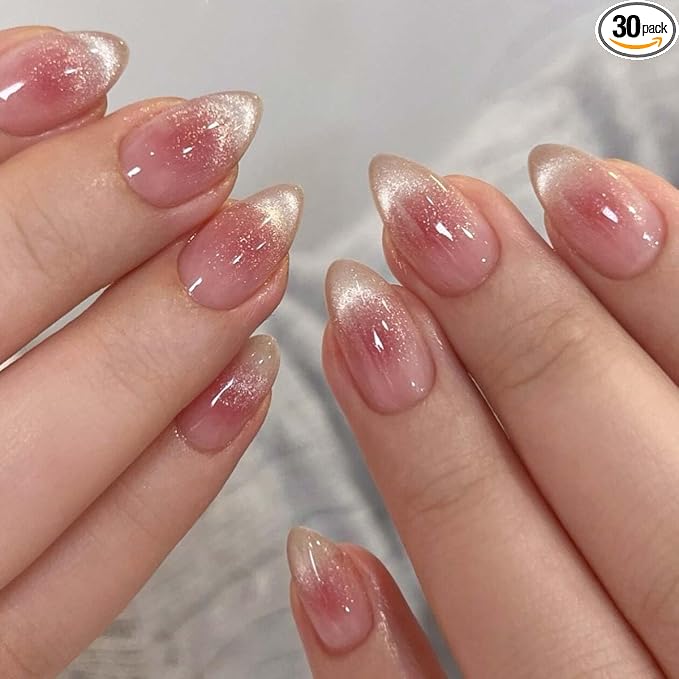 30Pcs French Press on Nails Short Almond ZWENJIE Cat Eye Fake Nails Press ons Nail Tips Stick on Nails Glossy Acrylic Nails Kit False Nails with Light Blue Design Nail Art for Women Glitter Manicure