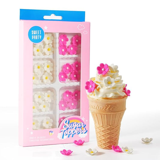 Edible Flowers Cake Decorations 32 Count White and Pink Blossoms Royal Icing Decorations Daisy Sugar Wedding Flowers for Baking Cupcakes Ice Cream Waffles Cookies Birthday Cake