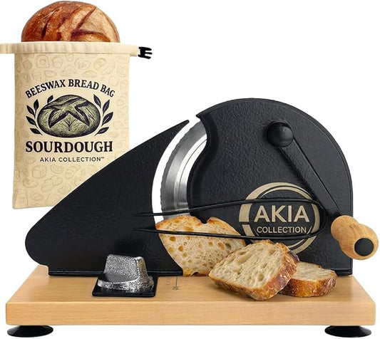 Bread Slicer for Homemade Bread & Sourdough Rounds — Manual Sourdough Slicer, Hand Crank Cutter with Adjustable Thickness, Stainless Steel Blade, Includes Beeswax Bag