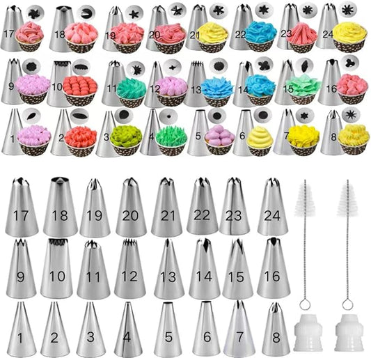 28Pcs Piping Tips Kit with Standard Icing Couplers, and Cleaning Brushes | 28Pcs PipingTips Set，Stainless Steel Frosting Kit with Standard Icing Couplers, and Cleaning Brushes Cake For Cookies Cupcake