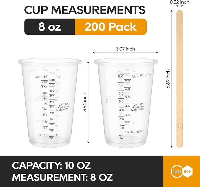Turbo Bee Plastic Measuring Cups 8OZ,200 PACK Disposable Mixing Cups with 200 Mixing Sticks,Paint Graduated Measuring Tumblers for Epoxy Resin, Paint Mixing, Art DIY