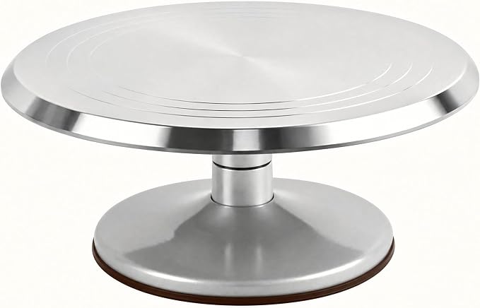 12-Inch Aluminum Alloy Cake Turntable, Rotating Cake Decorating Stand with Non-Slip Detachable Base & Concentric Marking Circles, Smooth 360° Rotation for Baking, Model Coloring, Display (Silver)