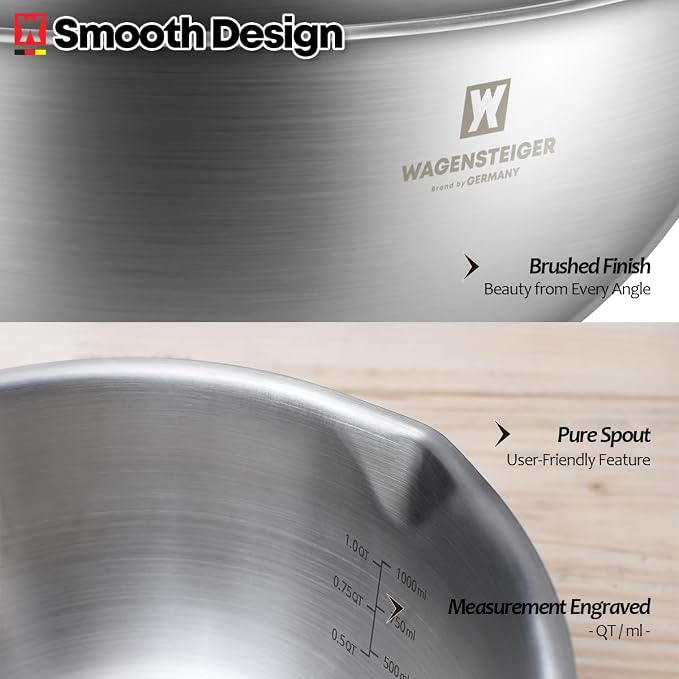 WAGENSTEIGER 3-Piece Stainless Steel Mixing Bowl Set, Silver Color, Nesting Bowls with Pure Spout, Multipurpose Kitchen Basket, 1.56Quarts/3.17Quarts/4.23Quarts (No Color Added)