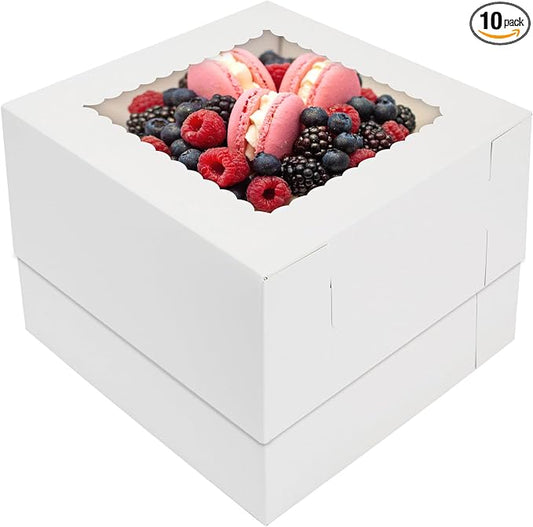 Moretoes Tall Cake Boxes 10x10x8 Inches with Window 10pcs Cajas Para Pasteles Cake Box 10 Inch for Donuts, Pie, Cookies, Valentine's Day, Mother's Day, Wedding, Birthday (White)