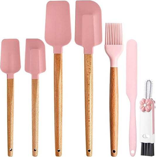 Silicone Spatula Set - 7 Piece Food Grade Rubber Spatula, Heat Resistant Up to 600°F, Wooden Handle Kitchen Utensils Set for Cooking, Baking & Mixing, Jar, Non-Stick Silicone Utensil Pink