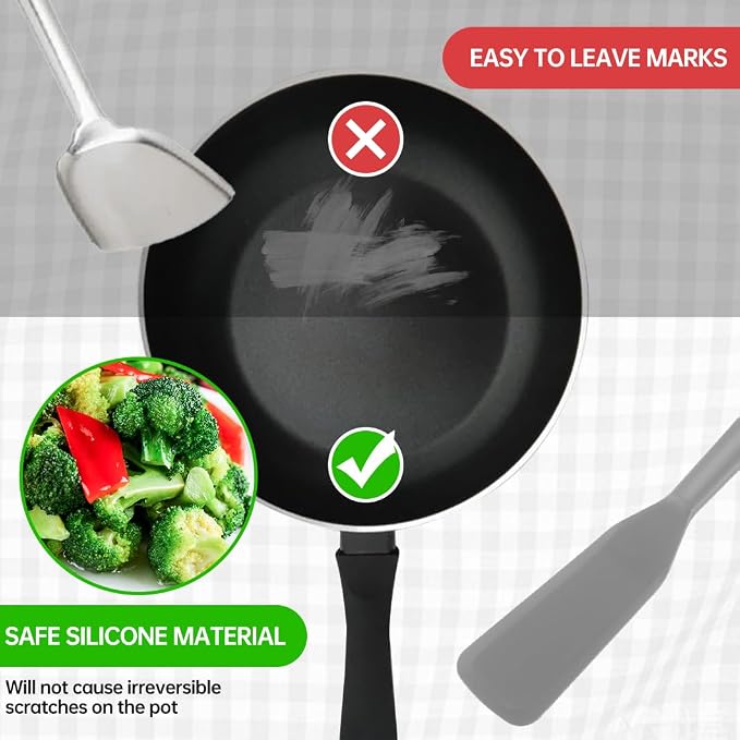 2 Pack Silicone Thin Omelet Turner, Heat Resistant Long Crepe Spatulas for Nonstick Cookware, Pancake Spatula for Egg Cake Pizza Steak Omelet Crepes (Grey)