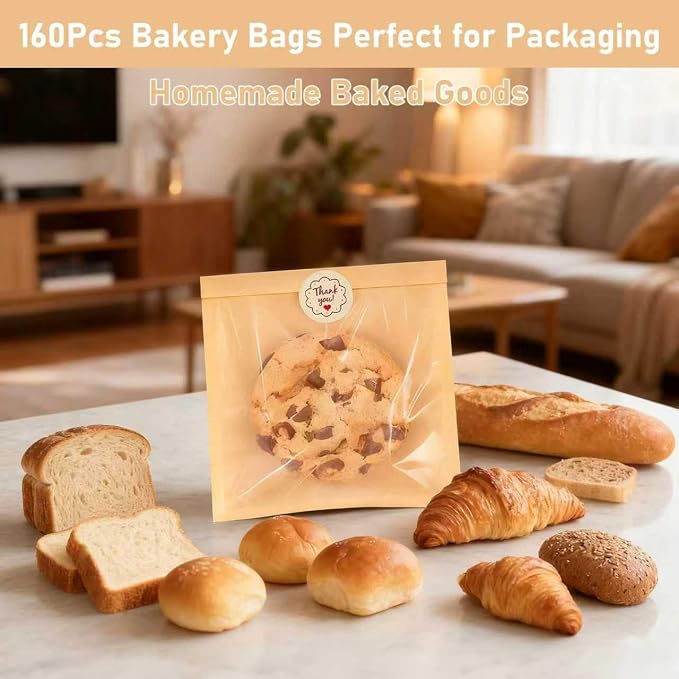 160 Pack Cookie Bags for Packaging with Seal, 7.5 x 7.1 Inch Bakery Bags with Window, Grease Resistant Donut Bags To Go for Cookies Packaging Treat, Scone, Brownie, Snacks