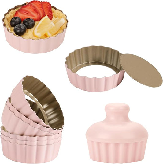 1 Inch Deep Mini Tart Pan Set, 6PCS 3.6 Inch Tart Pans with Removable Bottom and Tart Tamper, Nonstick & Durable Bakeware, Ideal for Mini Pies, Tarts, Quiches, Cheesecakes, (Pink)