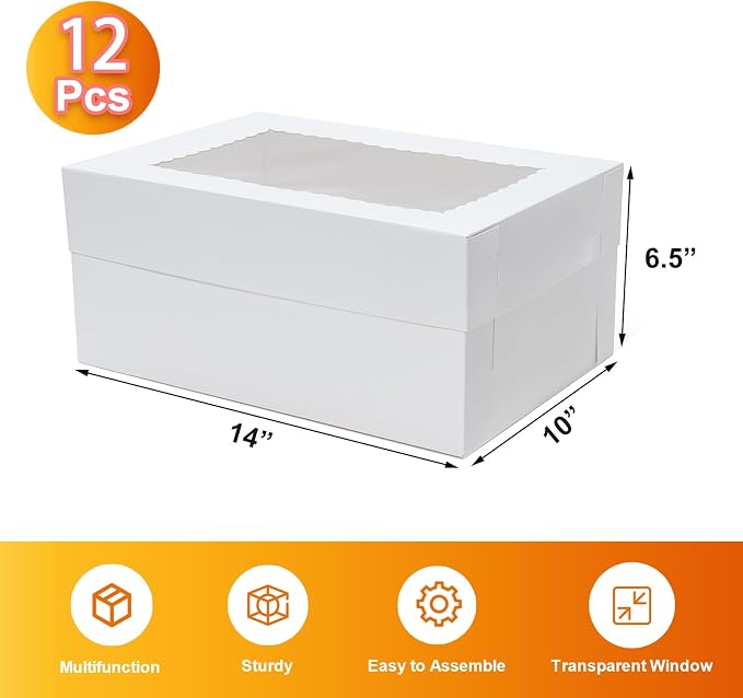 Wowxyz 12pcs 14x10x6.5 Cake Boxes Rectangle Quarter Sheet 1/4 Sheet Bakery Boxes with Window - Donuts, Pastry Baking Cake, Pie White Cardboard Treat Packaging