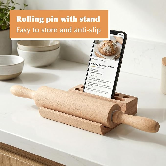 Wood Rolling Pin with Silicone Baking Mat Wood Base, Non Stick Surface Dough Roller with Handle, Fondant Roller Beech Rolling Pins for Baking Pizza Pastry Bread Cookies